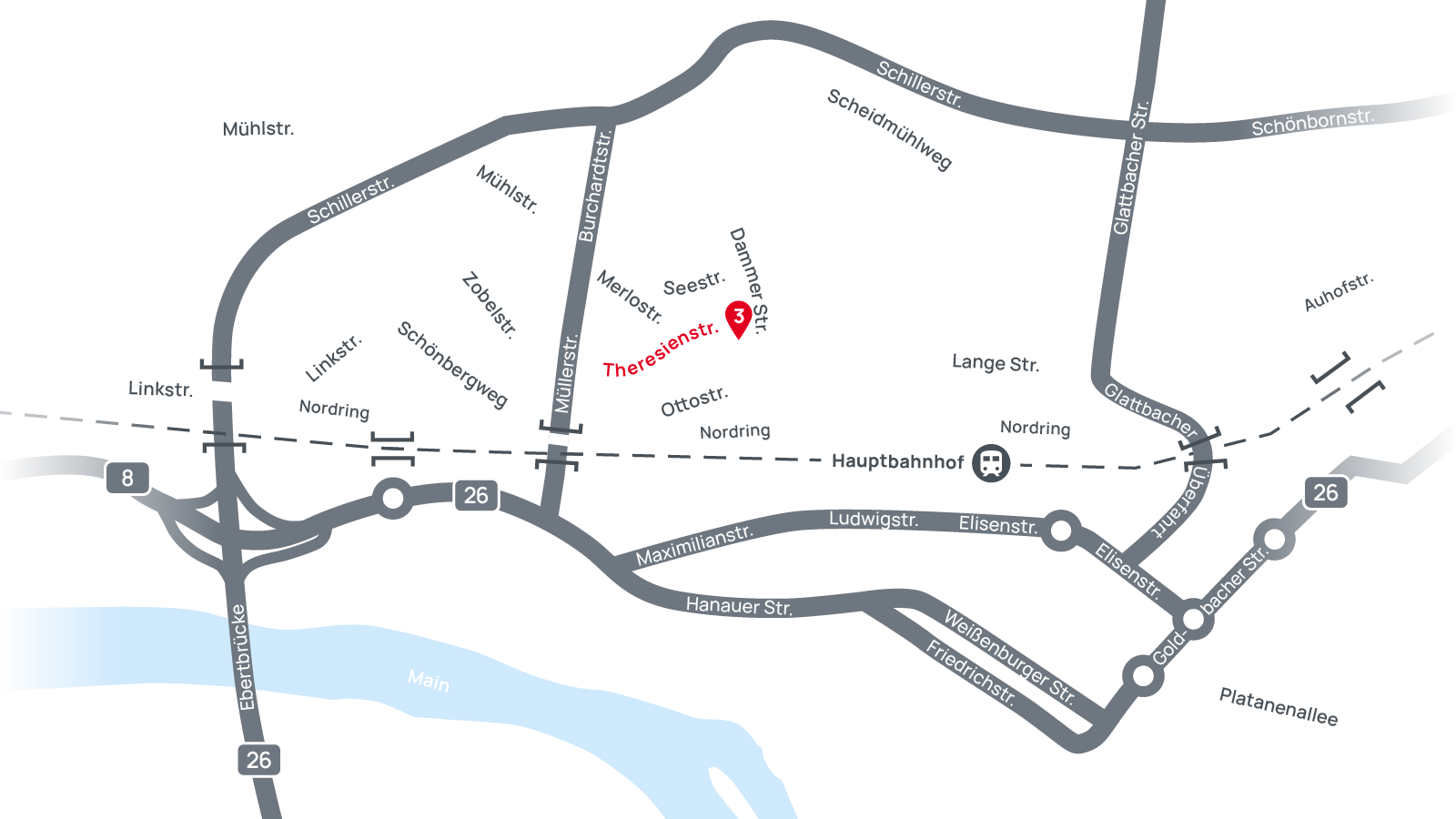 Lageplan Steuerkanzlei Gebhard Eich – Theresienstraße 3, Aschaffenburg, Nähe Hauptbahnhof